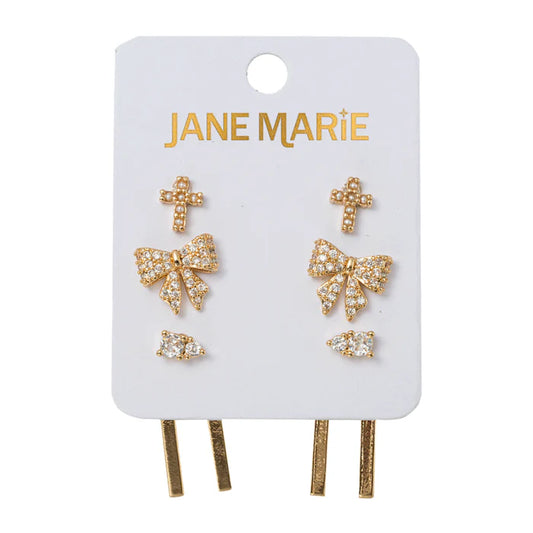 Cross, Bow, & Bar Jacket Earring Set