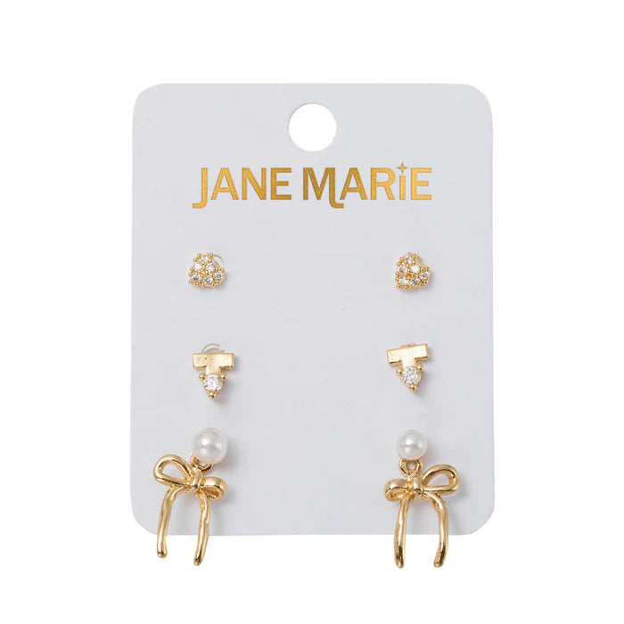 Heart, Bar, Pearl with Bow Jacket Earring Set