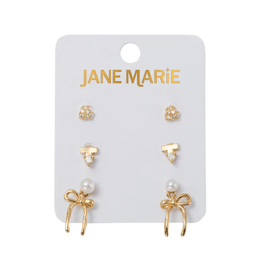 Heart, Bar, Pearl with Bow Jacket Earring Set