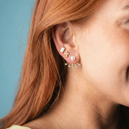 Opal Rectangle, Gold Cross, & Pearl Jacket Earring Set