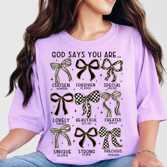 Neon Violet God Says Bow Tee