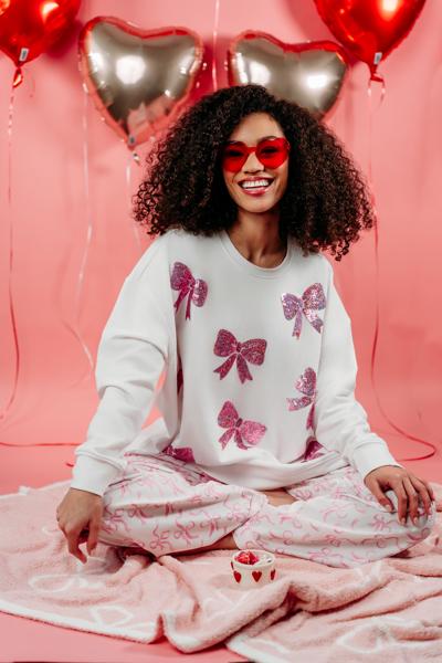 Mud Pie White Sequin Pink Bow Sweatshirt