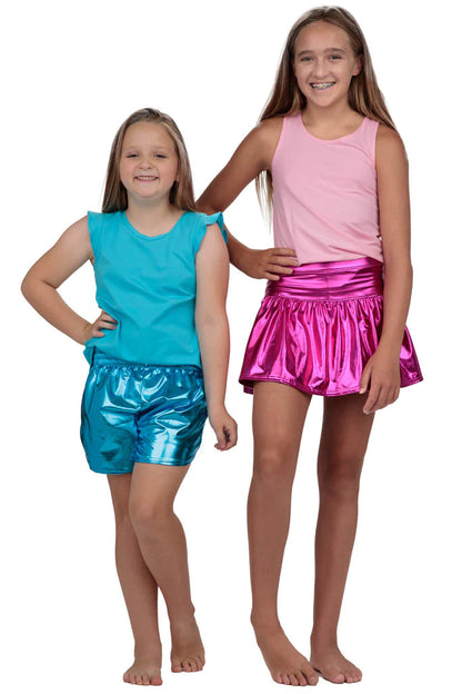 Youth Hot Pink Slick Metallic Gathered Skort