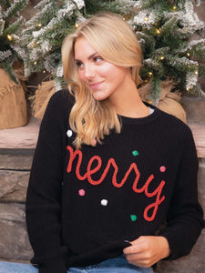 Black Merry Pom Knit Sweater