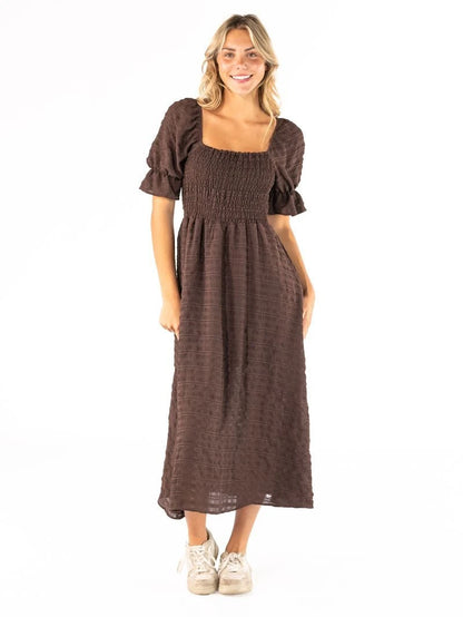 Coffee Smocked Solid Dress