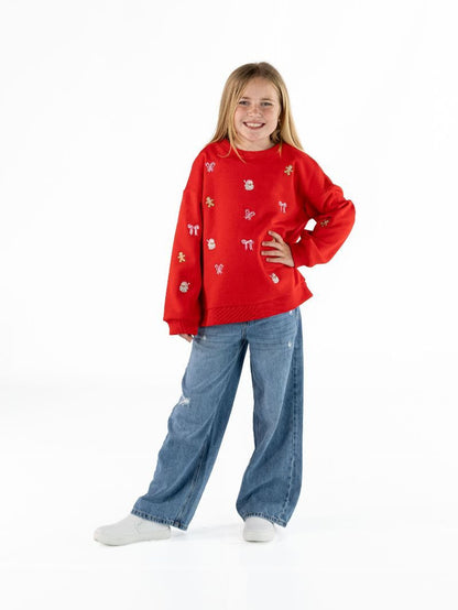 Youth Red Embroidered Holiday Crewneck