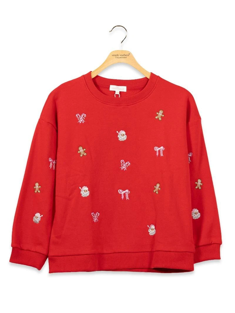 Youth Red Embroidered Holiday Crewneck
