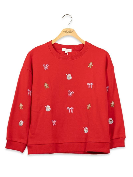 Youth Red Embroidered Holiday Crewneck