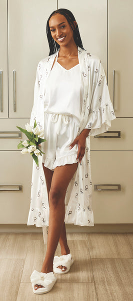 White Rings Long Ruffled Satin Robe