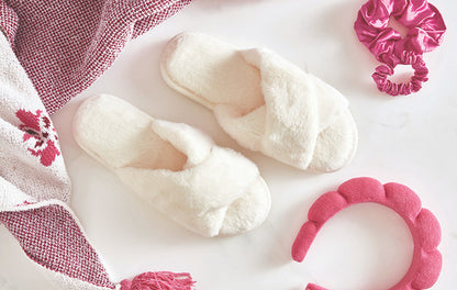 Ivory Criss-Cross Plush Slippers