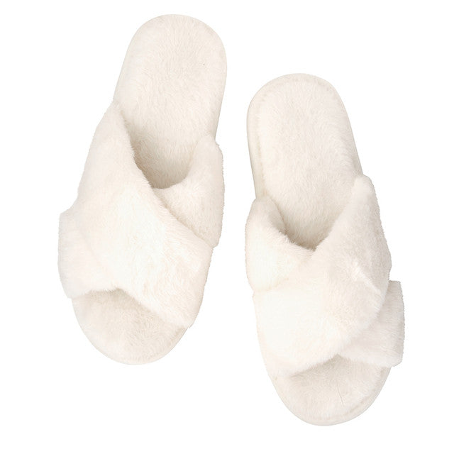 Ivory Criss-Cross Plush Slippers