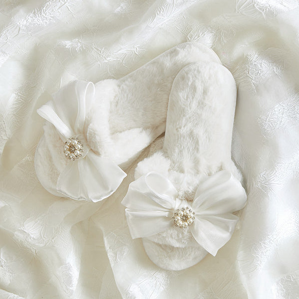 White Crystal Bow Plush Slippers