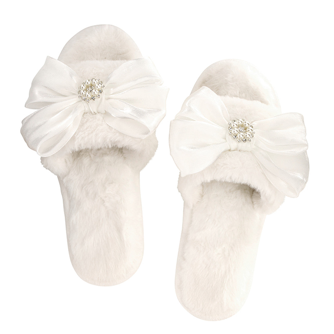 White Crystal Bow Plush Slippers