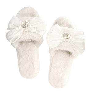 White Crystal Bow Plush Slippers