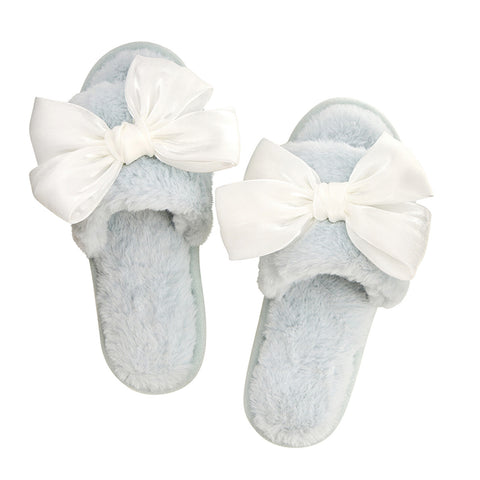 Blue With White Bow Plush Slippers