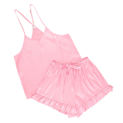 Pink Cami + Velvet Ruffled Short Set