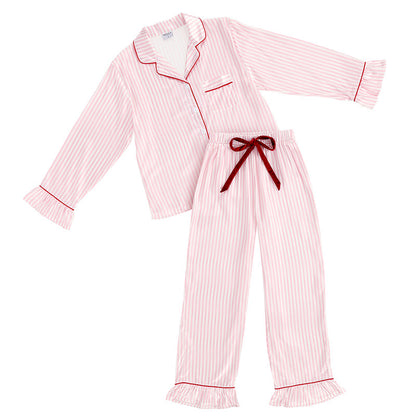 White + Light Pink Stripes Velvet Tie PJ Pant Set