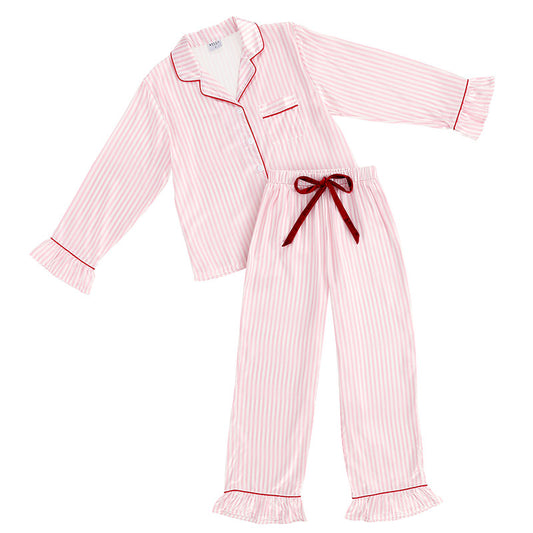 White + Light Pink Stripes Velvet Tie PJ Pant Set