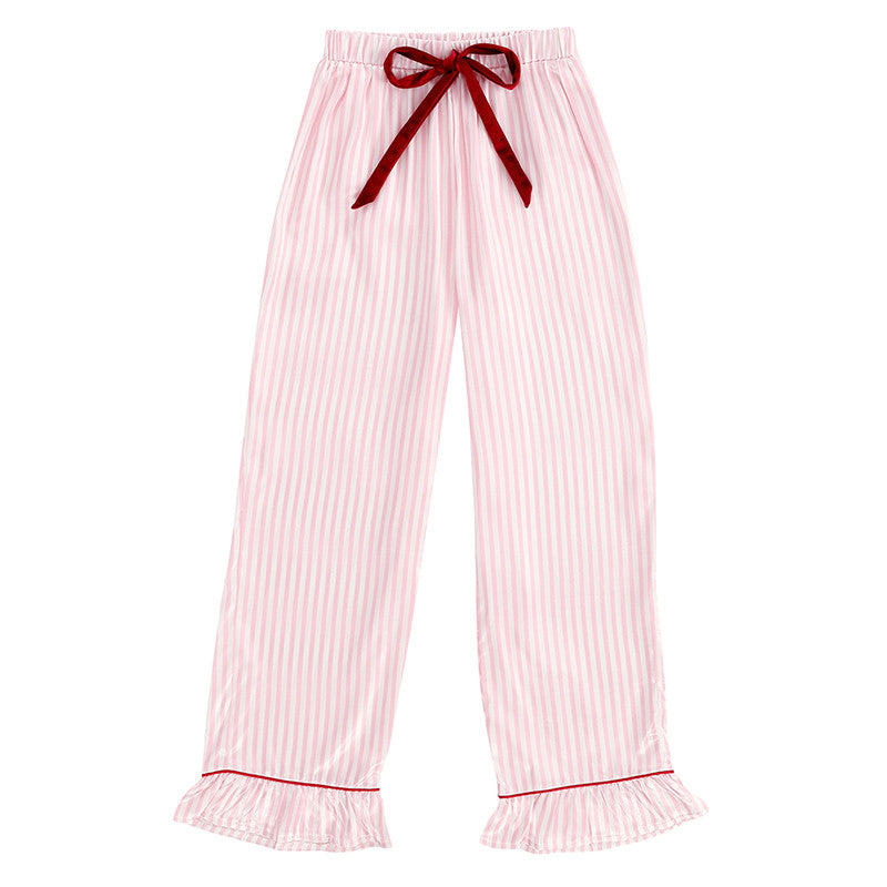 White + Light Pink Stripes Velvet Tie PJ Pant Set
