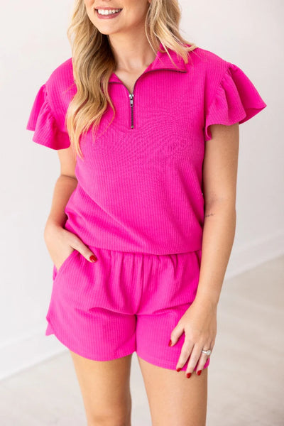 Hot Pink Emma Flutter Sleeve Quarter Zip Set