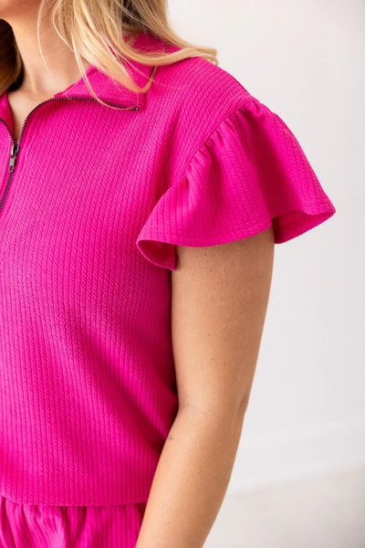 Hot Pink Emma Flutter Sleeve Quarter Zip Set