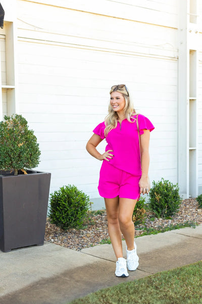 Hot Pink Emma Flutter Sleeve Quarter Zip Set