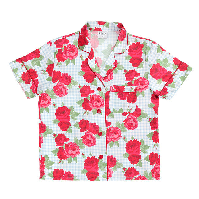 Blue Gingham + Red Roses Velvet Tie PJ Set