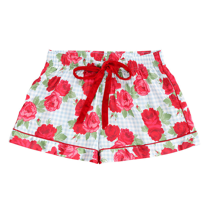 Blue Gingham + Red Roses Velvet Tie PJ Set