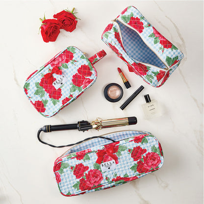 Blue Gingham + Red Roses Quilted Cosmetic Bag