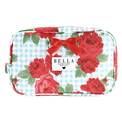 Blue Gingham + Red Roses Quilted Cosmetic Bag