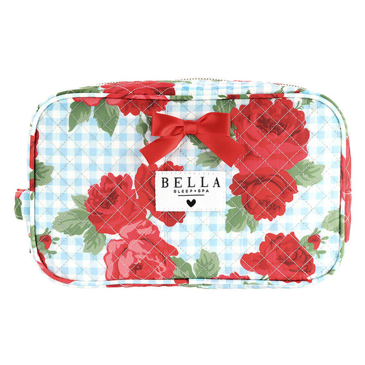 Blue Gingham + Red Roses Quilted Cosmetic Bag
