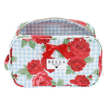 Blue Gingham + Red Roses Quilted Cosmetic Bag