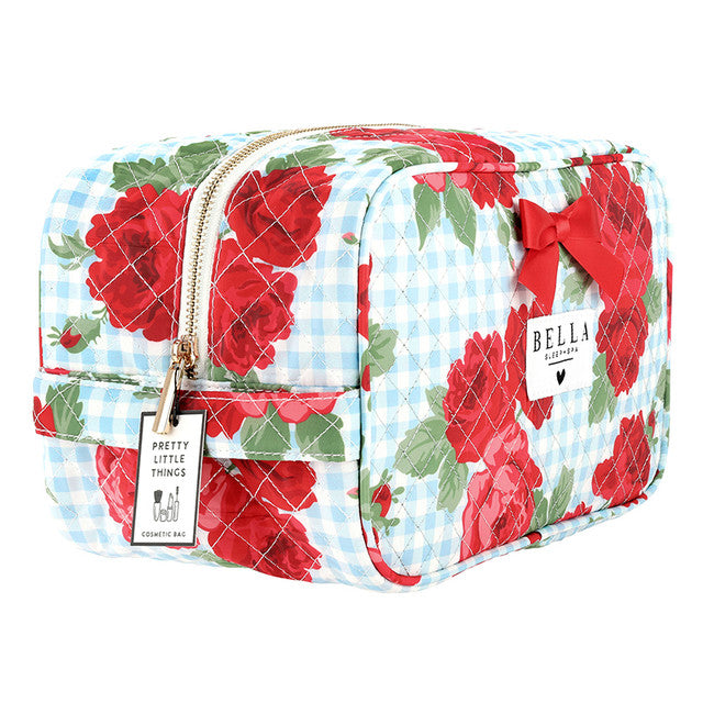 Blue Gingham + Red Roses Quilted Cosmetic Bag