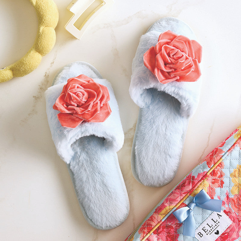 Blue + Coral Velvet Rosette Plush Slippers