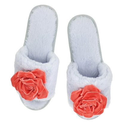 Blue + Coral Velvet Rosette Plush Slippers