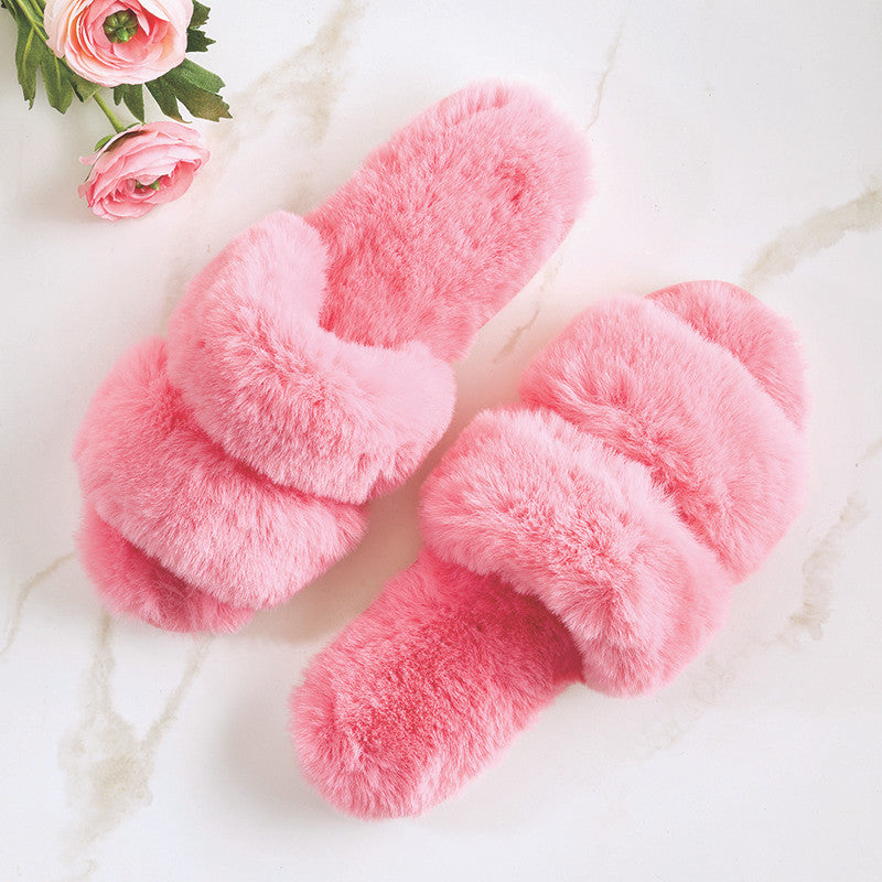Hot Pink Double Band Plush Slippers