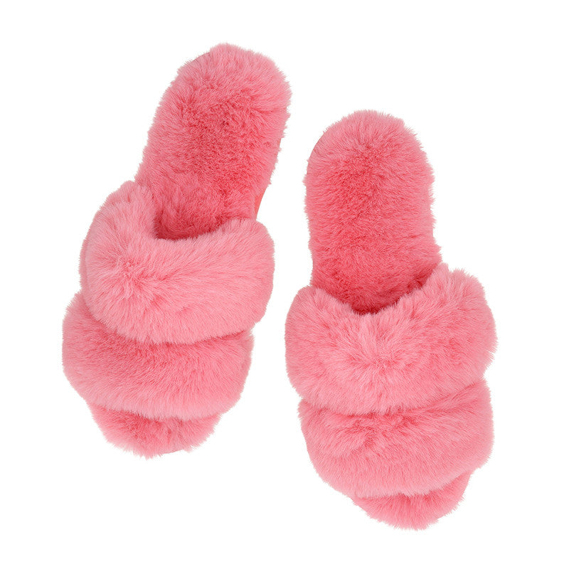 Hot Pink Double Band Plush Slippers