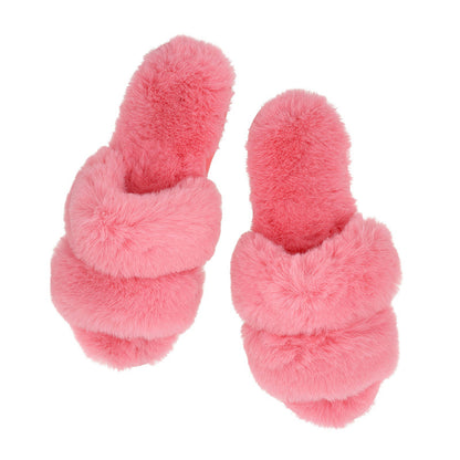 Hot Pink Double Band Plush Slippers