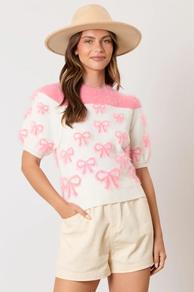 Pink Ribbon Detail Puff Sleeve Amelia Sweater