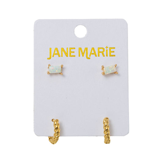 18K Gold Plated Opal with Rope Huggie Earring Set