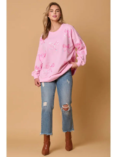 Pink Sequin Bow French Terry Pullover