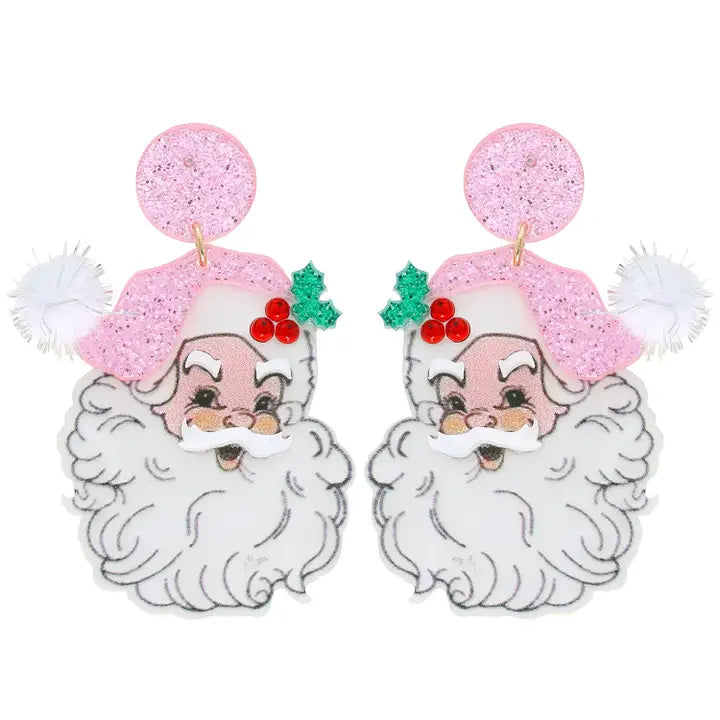 Pink Pom Pom Santa Claus Christmas Acetate Earrings