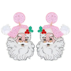 Pink Pom Pom Santa Claus Christmas Acetate Earrings