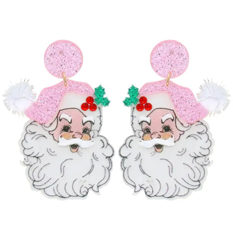 Pink Pom Pom Santa Claus Christmas Acetate Earrings