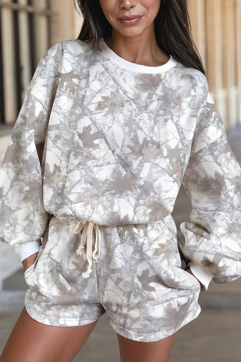 Grey Camo Sweatshirt & Shorts Set