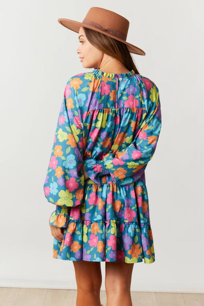 Teal & Pink Multi Retro Floral Dress