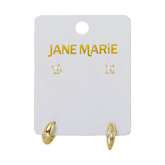 18K Gold Plated Pearl & Heart Huggie Earring Set