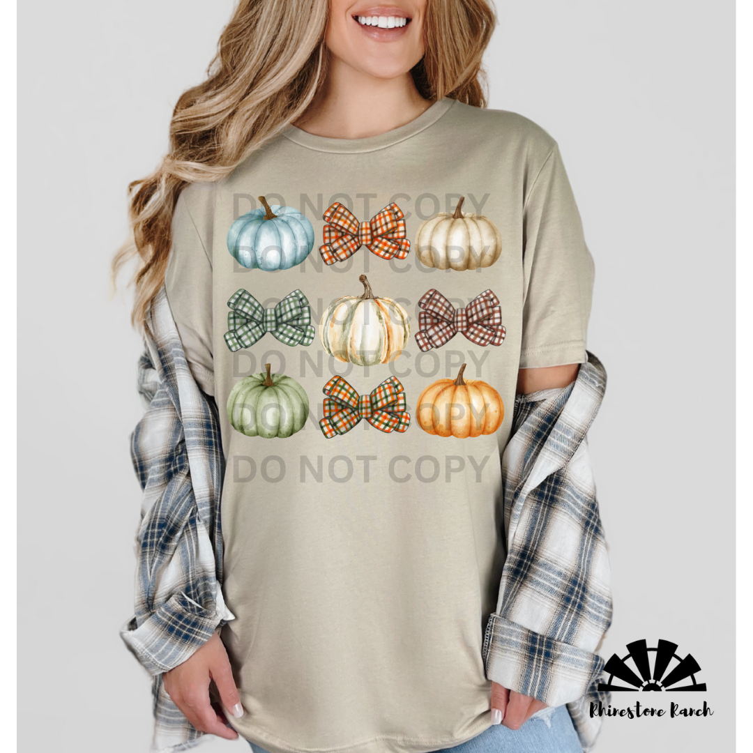 Tan Pumpkin & Checkered Bow Coquette Tee