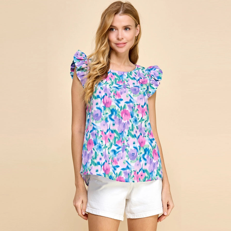Orchid Floral Gabbie Top with Ruffled Sleeves