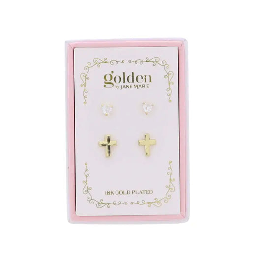 Kids 18K Gold Plated Heart & Cross Earrings